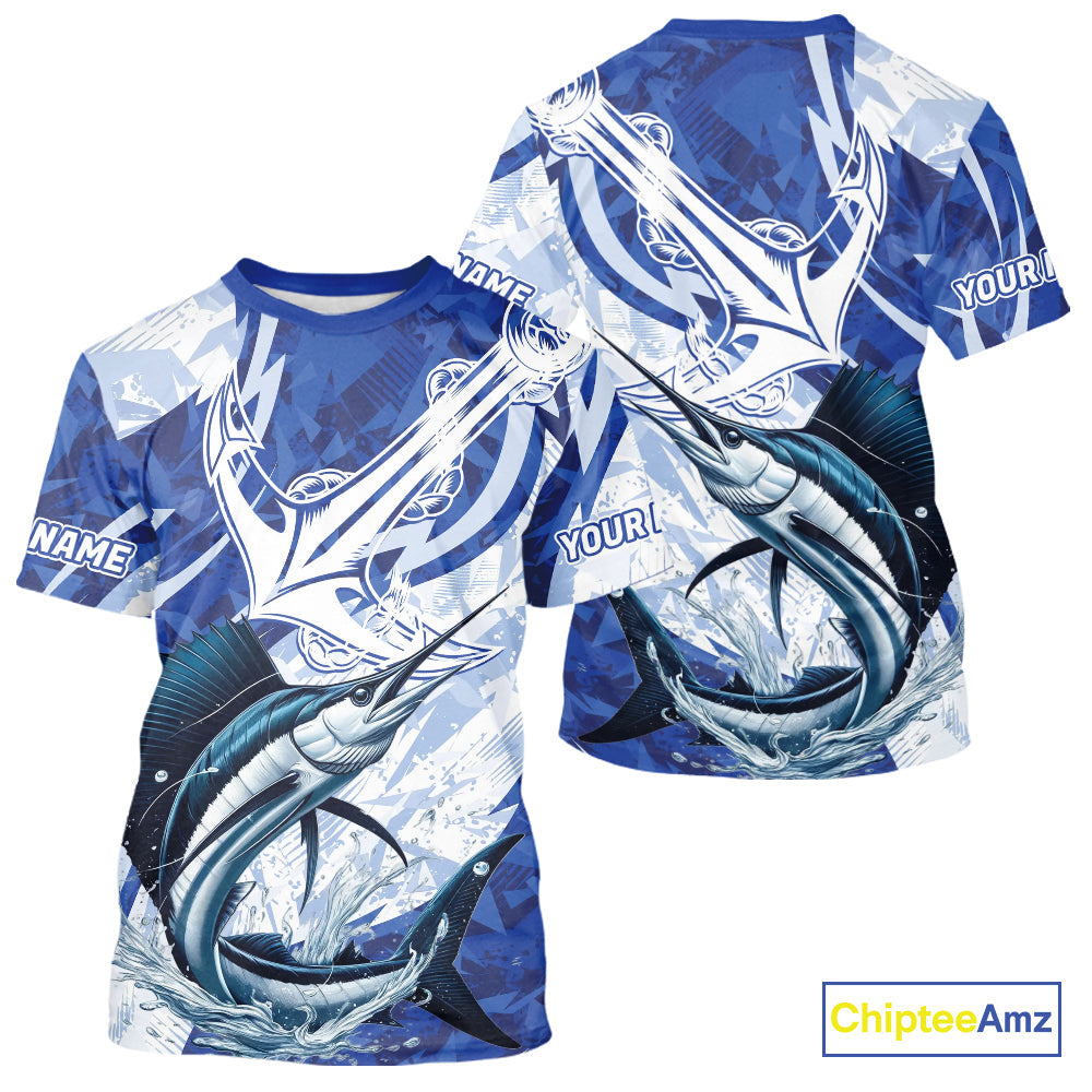 Blue Camo Anchor Custom Sailfish Saltwater Long Sleeve Hooded Performance Fishing