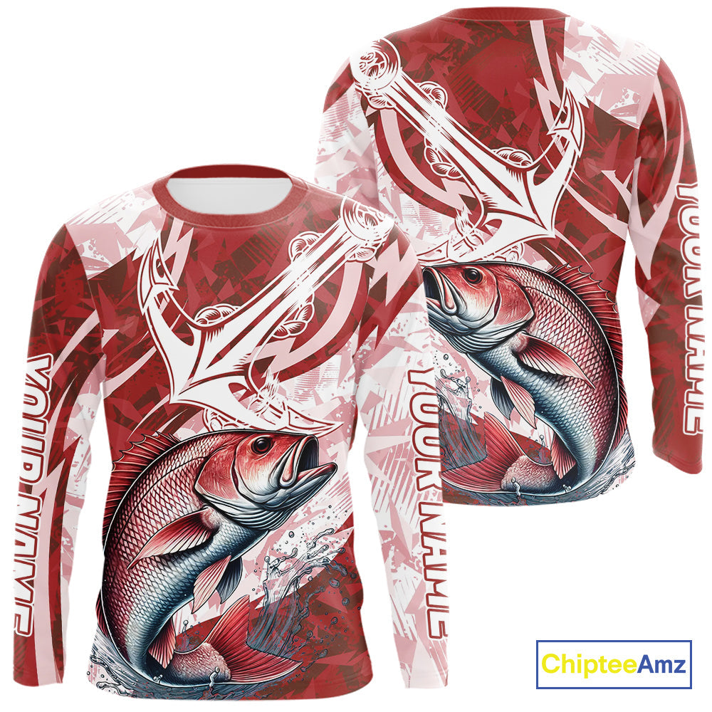 Red Camo Anchor Custom Red Snapper Saltwater Long Sleeve Hooded Performance Fishing