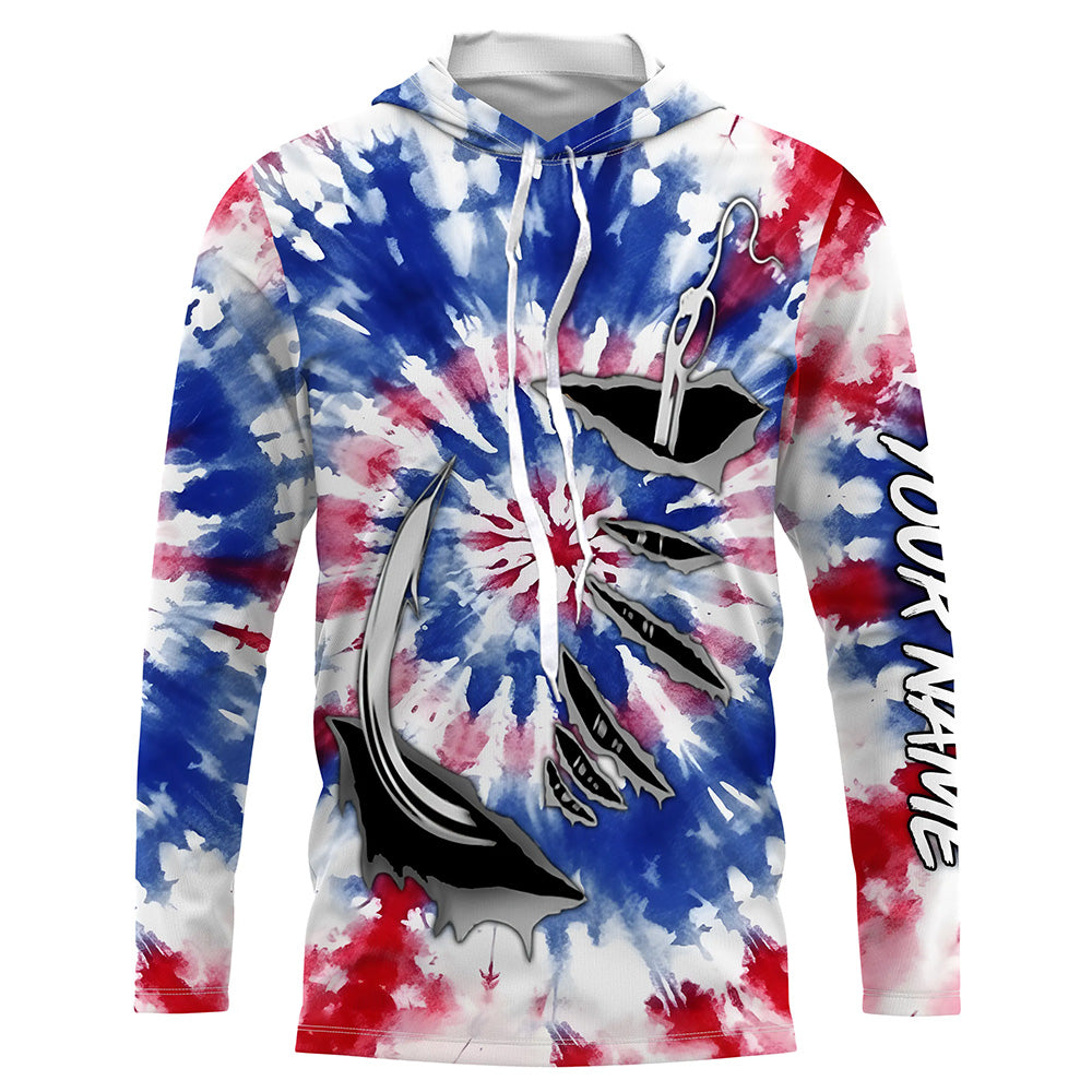Custom Fish Hook American Flag Tie Dye Camo Long Sleeve Fishing, Patriotic Fishing