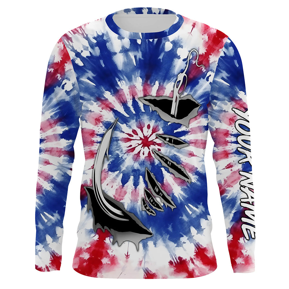 Custom Fish Hook American Flag Tie Dye Camo Long Sleeve Fishing, Patriotic Fishing