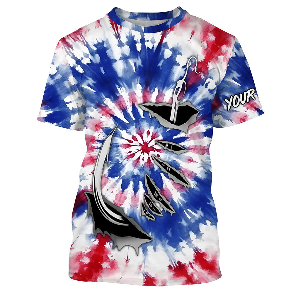 Custom Fish Hook American Flag Tie Dye Camo Long Sleeve Fishing, Patriotic Fishing