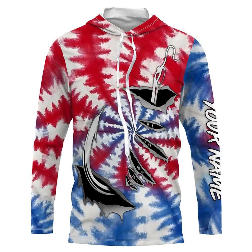 Custom Fish Hook American Flag Tie Dye Camo Long Sleeve Fishing, Patriotic Fishing