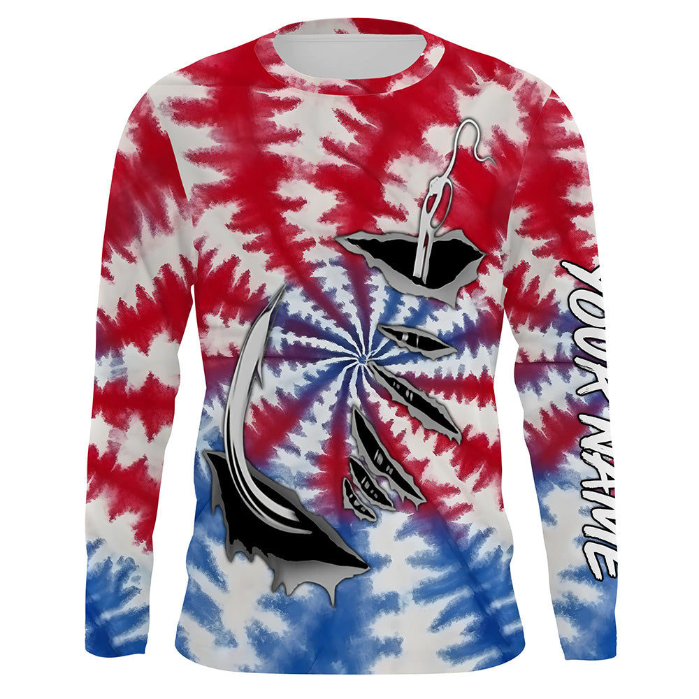 Custom Fish Hook American Flag Tie Dye Camo Long Sleeve Fishing, Patriotic Fishing