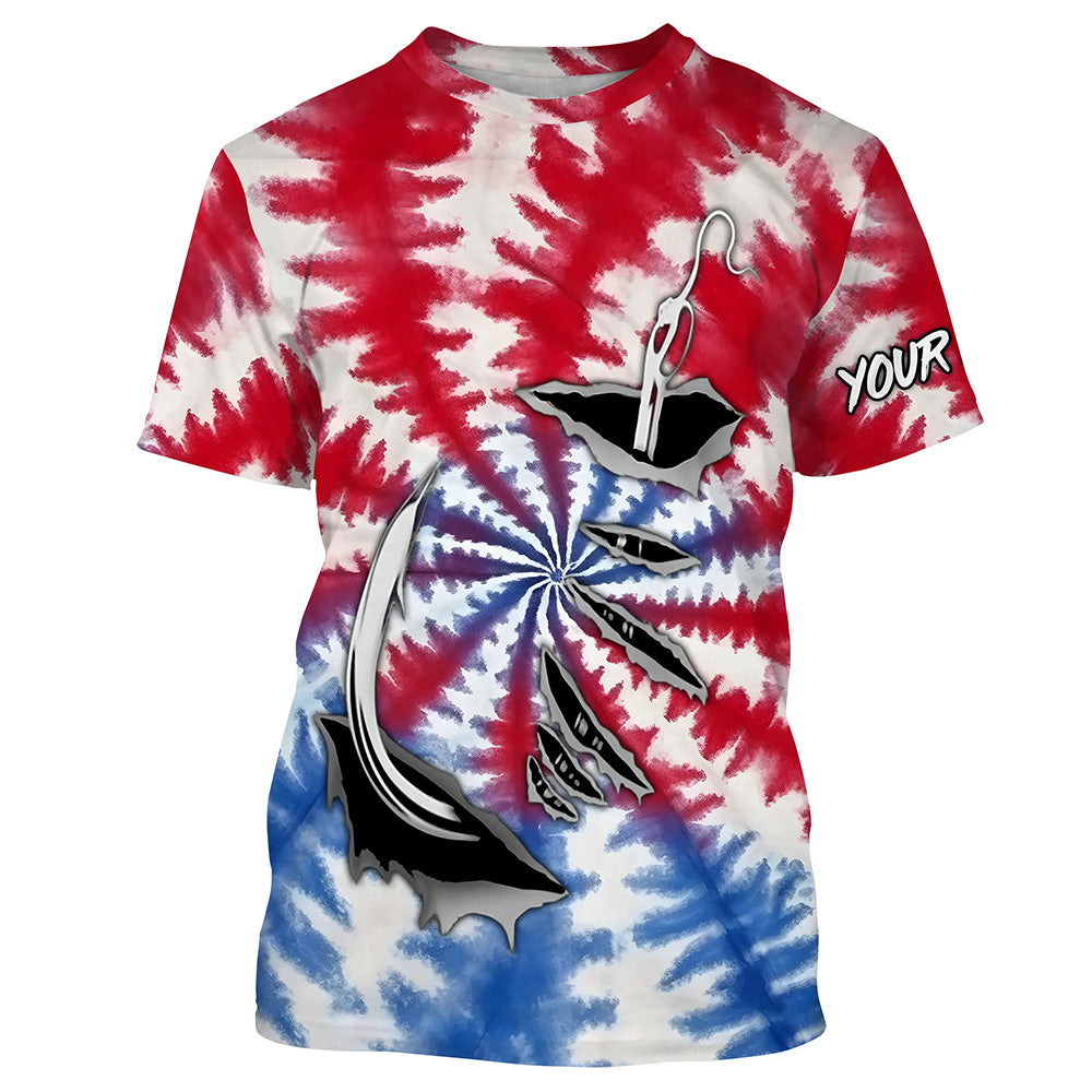 Custom Fish Hook American Flag Tie Dye Camo Long Sleeve Fishing, Patriotic Fishing