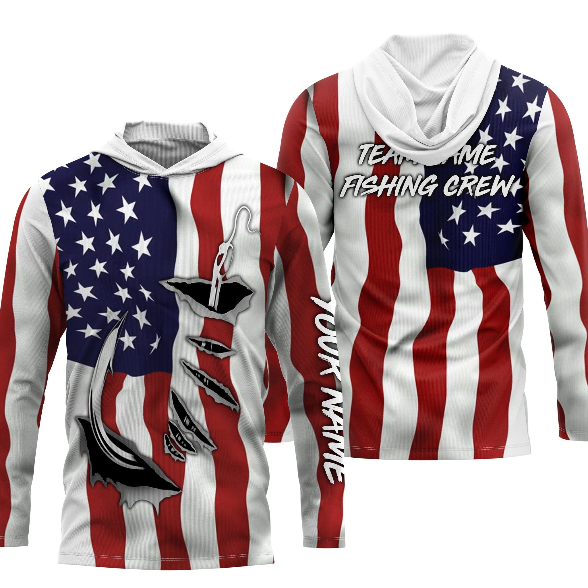 US Fishing Crew 3D Fish Hook American Flag Sun / UV protection quick dry customize name long sleeves personalized Patriotic fishing apparel gift for Fishing team IPH1990