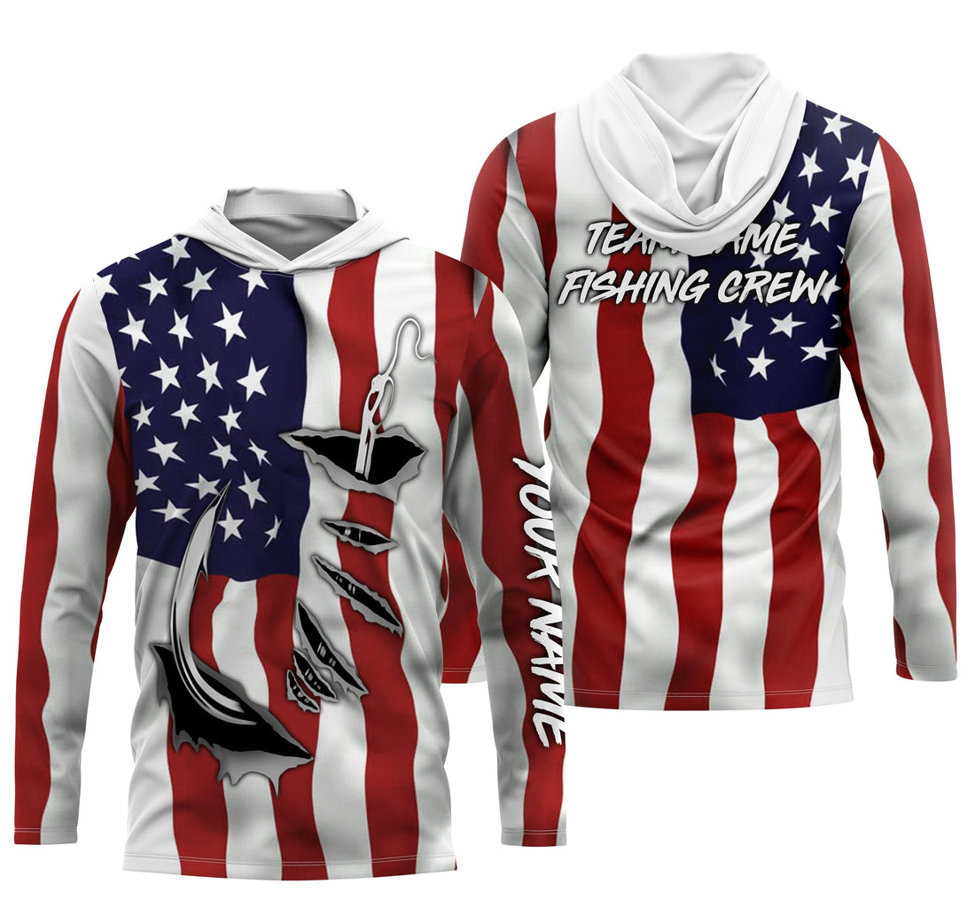 US Fishing Crew 3D Fish Hook American Flag Sun / UV protection quick dry customize name long sleeves personalized Patriotic fishing apparel gift for Fishing team IPH1990