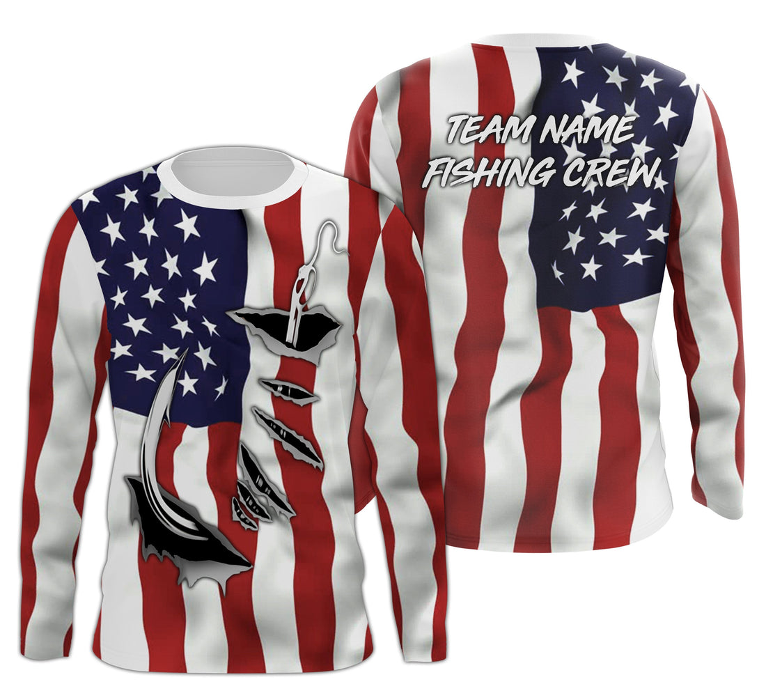 US Fishing Crew 3D Fish Hook American Flag Sun / UV protection quick dry customize name long sleeves personalized Patriotic fishing apparel gift for Fishing team IPH1990