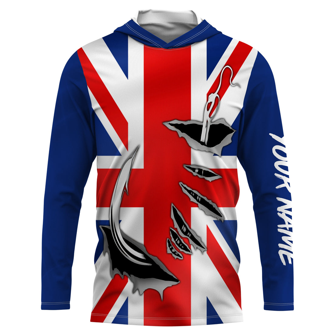UK Fishing 3D Fish Hook England Flag Sun / UV protection quick dry customize name long sleeves personalized Patriotic fishing apparel gift for Fishing lovers IPH1976