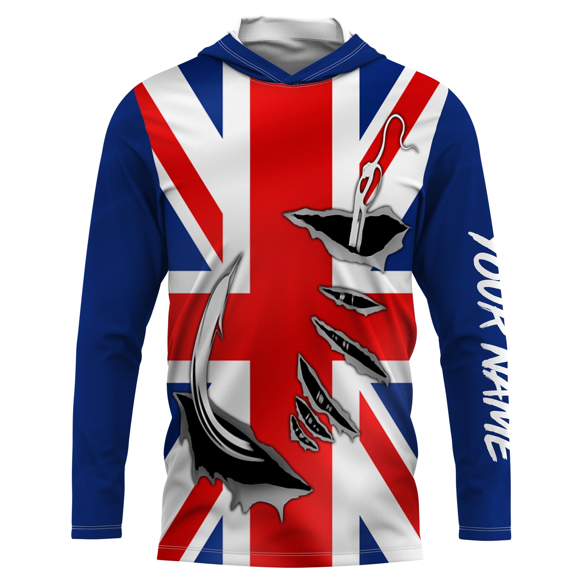 UK Fishing 3D Fish Hook England Flag Sun / UV protection quick dry customize name long sleeves personalized Patriotic fishing apparel gift for Fishing lovers IPH1976