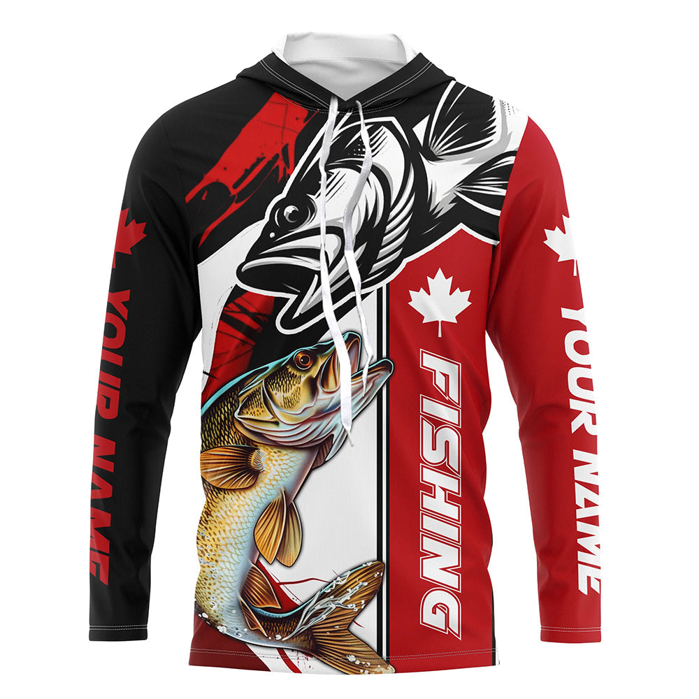 Canadian Flag Cuswom Walleye Long Sleeve Fishing, Canada Flag Walleye Fishing