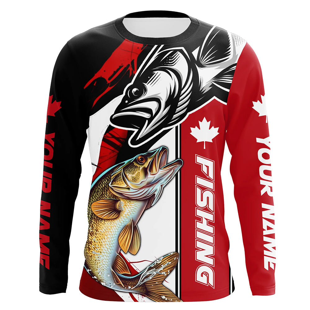 Canadian Flag Cuswom Walleye Long Sleeve Fishing, Canada Flag Walleye Fishing