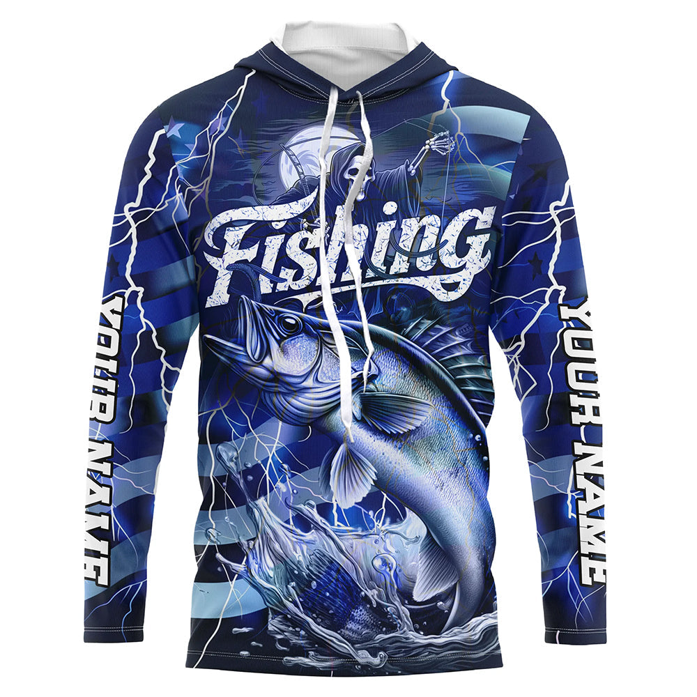 Blue Lightning American Flag Custom Walleye Fishing Long Sleeve, Fish Reaper Fishing