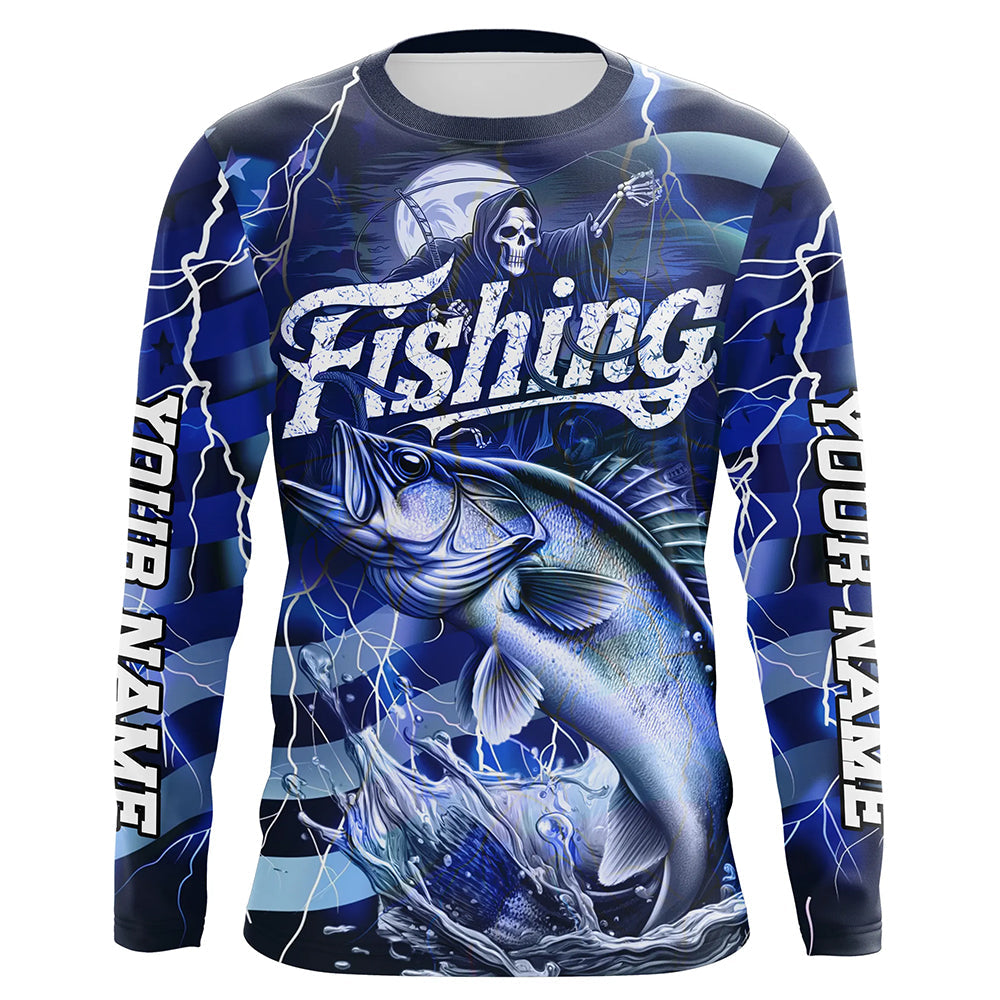 Blue Lightning American Flag Custom Walleye Fishing Long Sleeve, Fish Reaper Fishing