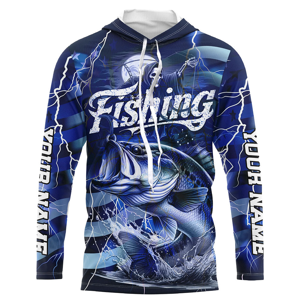 Blue Lightning American Flag Custom Bass Fishing Long Sleeve, Fish Reaper Fishing