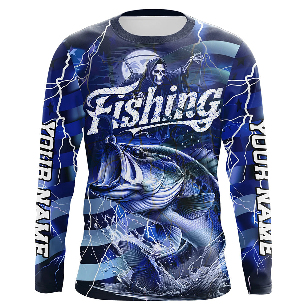 Blue Lightning American Flag Custom Bass Fishing Long Sleeve, Fish Reaper Fishing