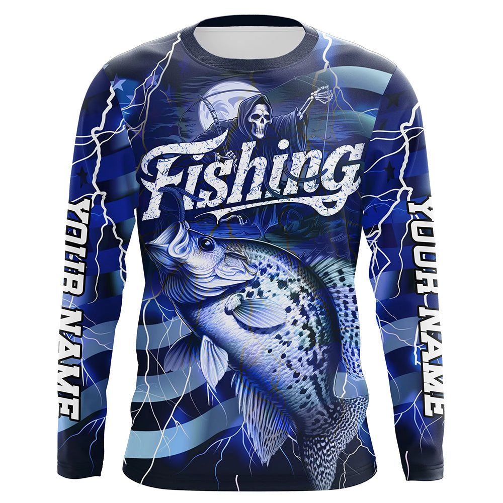 Blue Lightning American Flag Custom Crappie Fishing Long Sleeve, Fish Reaper Fishing