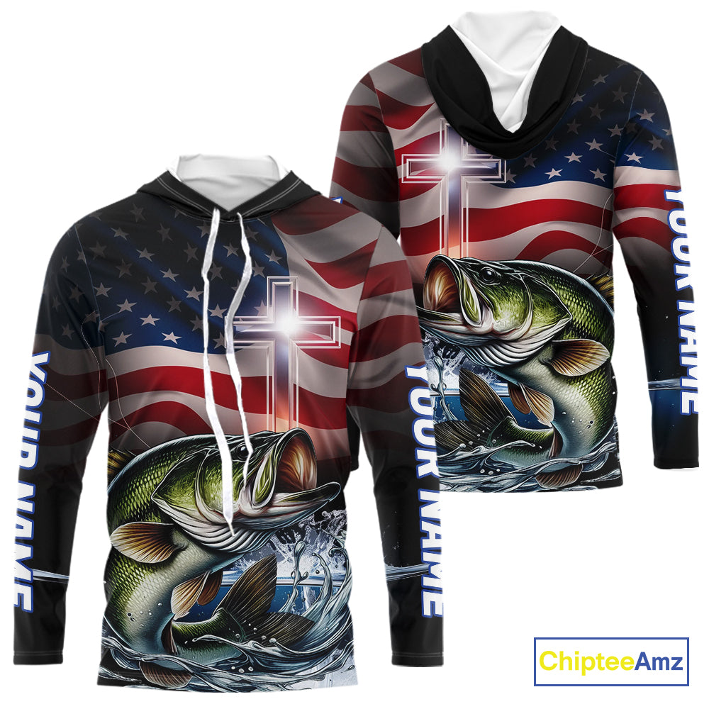Custom Patrotic Largemouth Bass Long Sleeve Hooded Fishing, Faith Bass Fishing