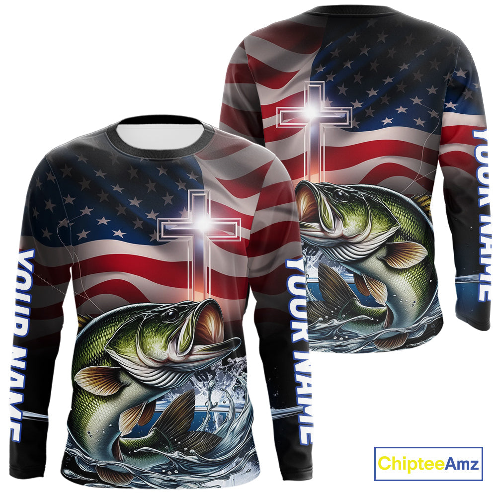 Custom Patrotic Largemouth Bass Long Sleeve Hooded Fishing, Faith Bass Fishing