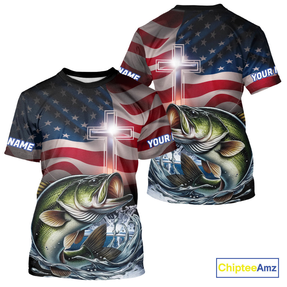 Custom Patrotic Largemouth Bass Long Sleeve Hooded Fishing, Faith Bass Fishing