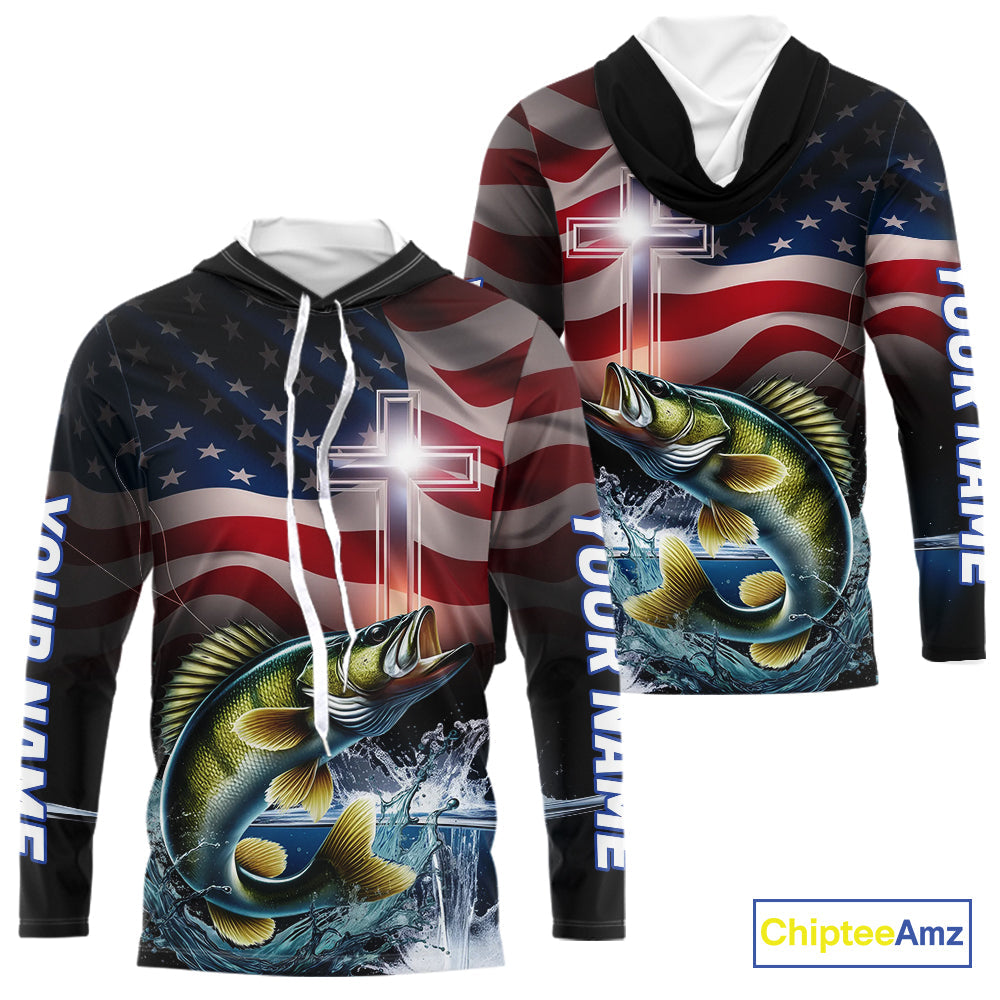Custom Patrotic Walleye Long Sleeve Hooded Fishing, Faith Walleye Fishing