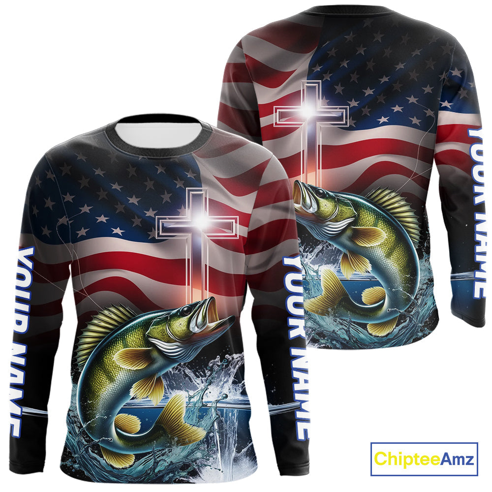 Custom Patrotic Walleye Long Sleeve Hooded Fishing, Faith Walleye Fishing