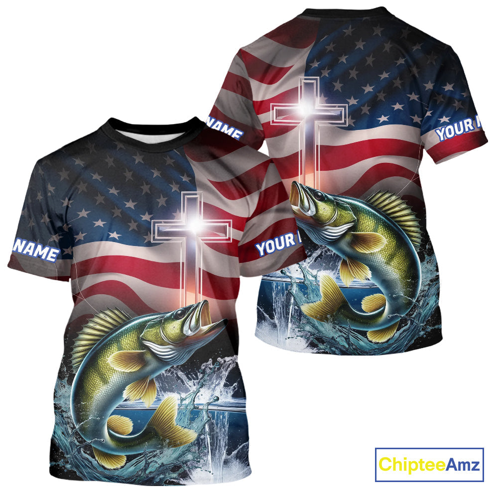 Custom Patrotic Walleye Long Sleeve Hooded Fishing, Faith Walleye Fishing