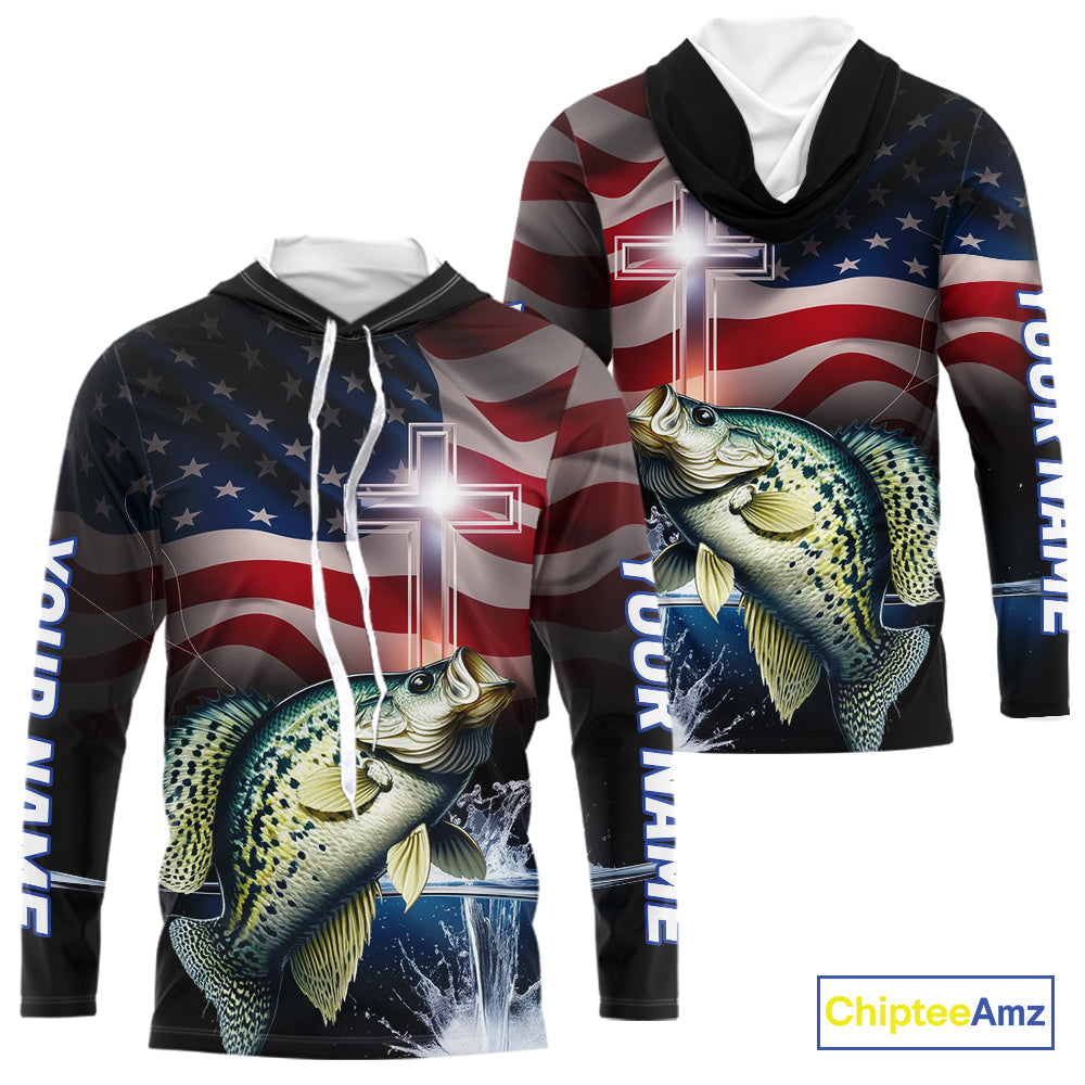 Custom Patrotic Crappie Long Sleeve Hooded Fishing, Faith Crappie Fishing