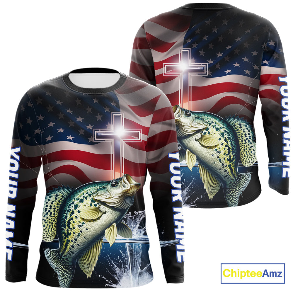 Custom Patrotic Crappie Long Sleeve Hooded Fishing, Faith Crappie Fishing