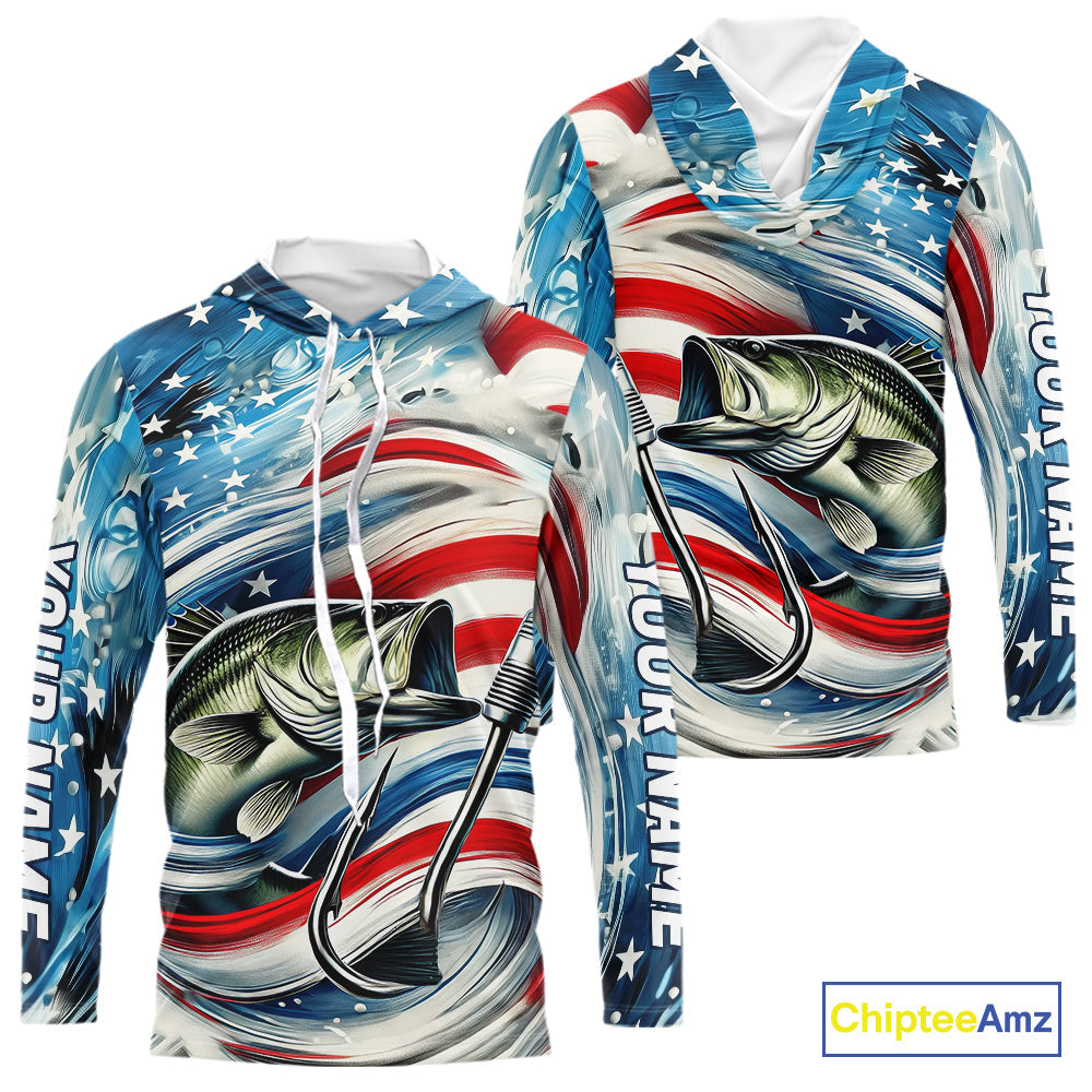 Custom Patriotic Amercian Flag Largemouth Bass Long Sleeve Hooded Tournament Fishing