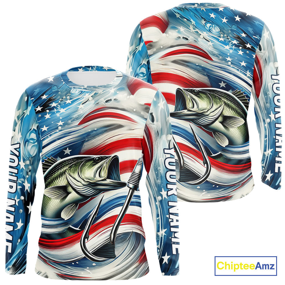 Custom Patriotic Amercian Flag Largemouth Bass Long Sleeve Hooded Tournament Fishing