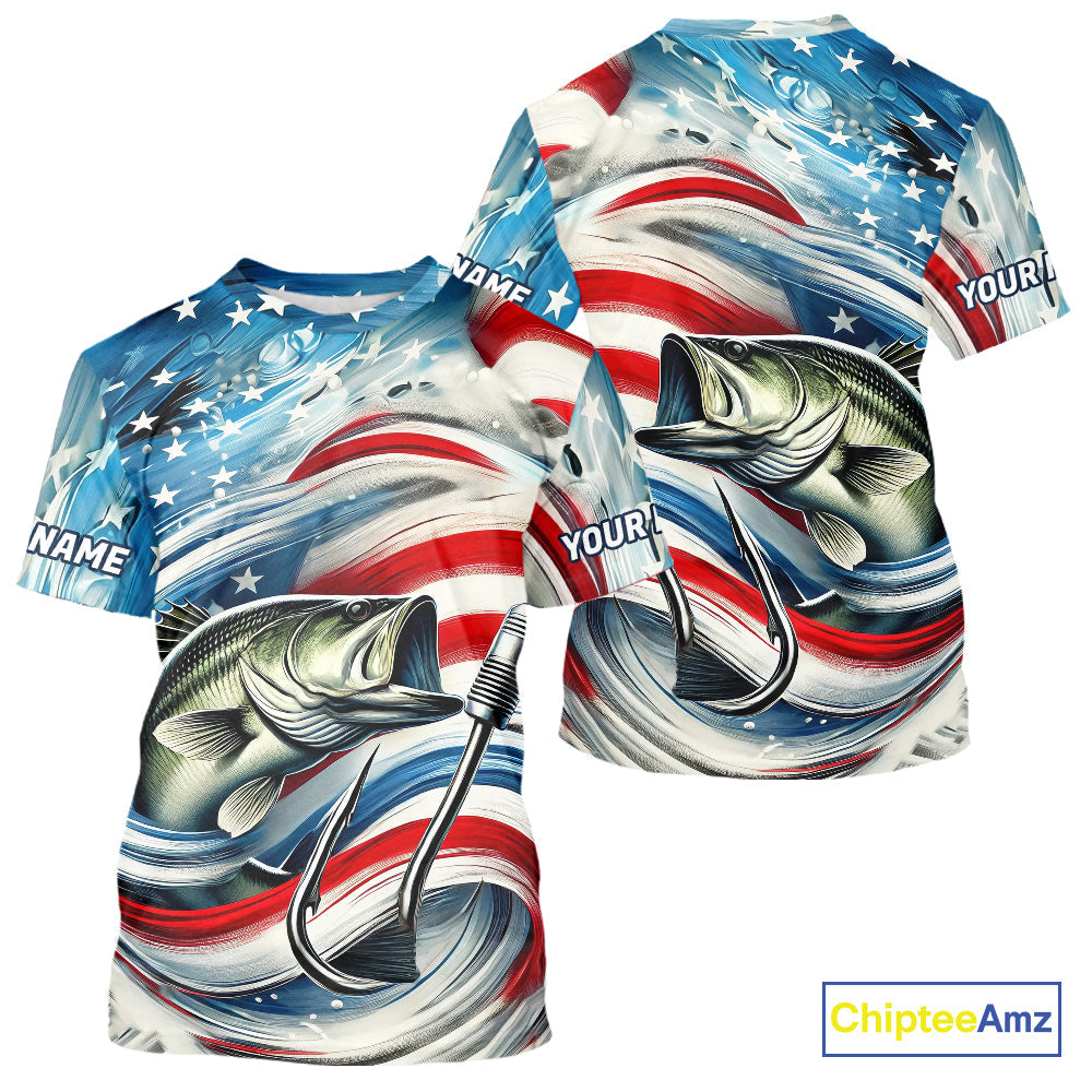 Custom Patriotic Amercian Flag Largemouth Bass Long Sleeve Hooded Tournament Fishing