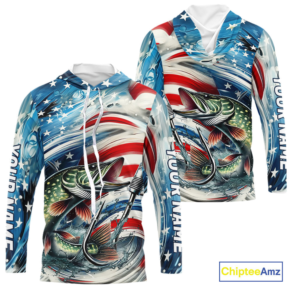Custom Patriotic Amercian Flag Pike Long Sleeve Hooded Tournament Fishing
