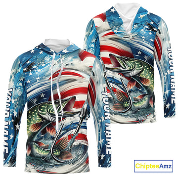 Custom Patriotic Amercian Flag Pike Long Sleeve Hooded Tournament Fishing