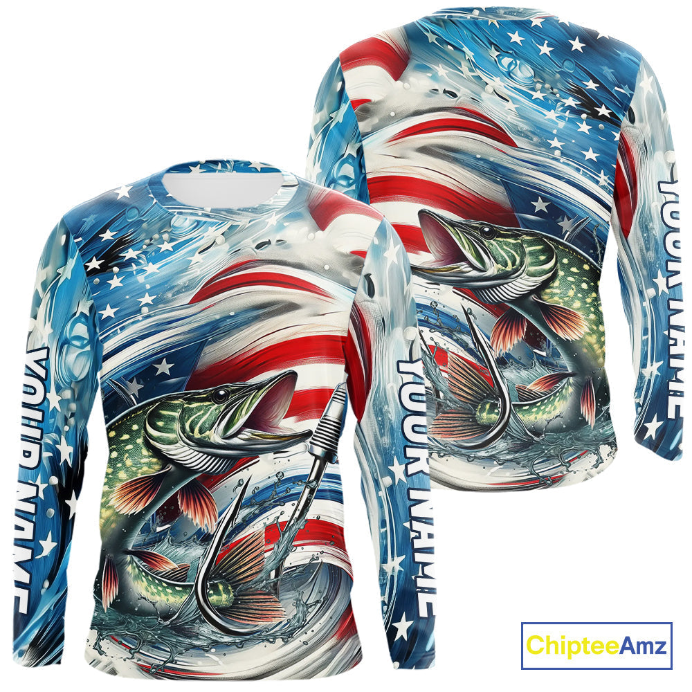 Custom Patriotic Amercian Flag Pike Long Sleeve Hooded Tournament Fishing