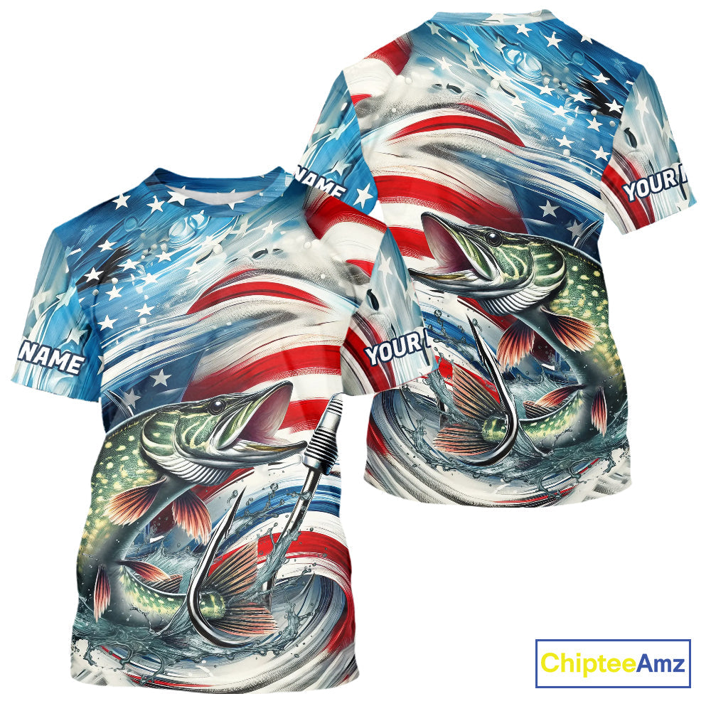 Custom Patriotic Amercian Flag Pike Long Sleeve Hooded Tournament Fishing