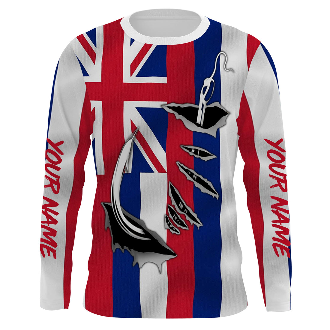 HI Fishing 3D Fish Hook Hawaiian Flag UV protection quick-dry Custom long sleeves personalized fishing apparel gift for Fishing lovers IPHW516
