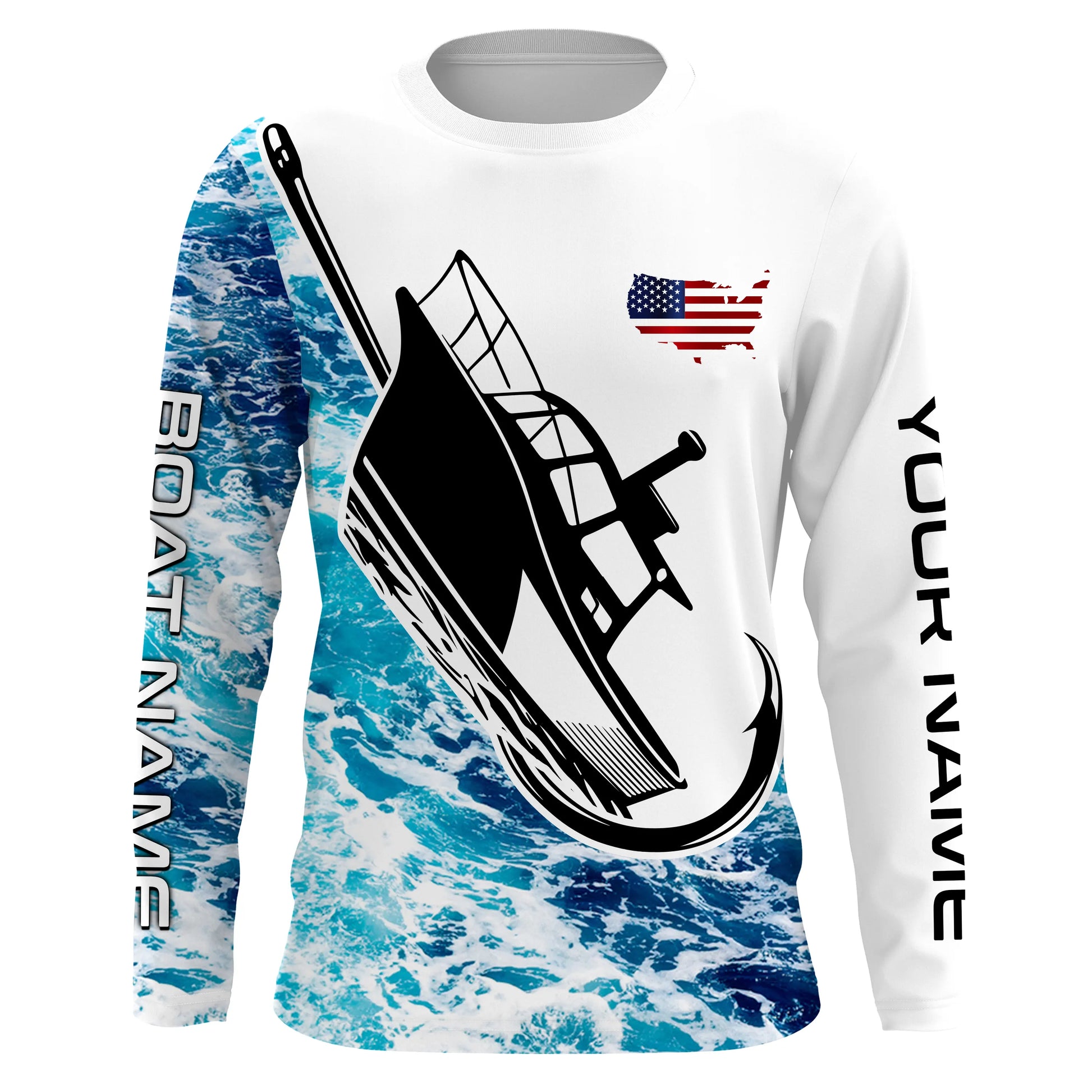 Custom Deep Sea Fishing With Boat Name, American Flag Saltwater Fishing