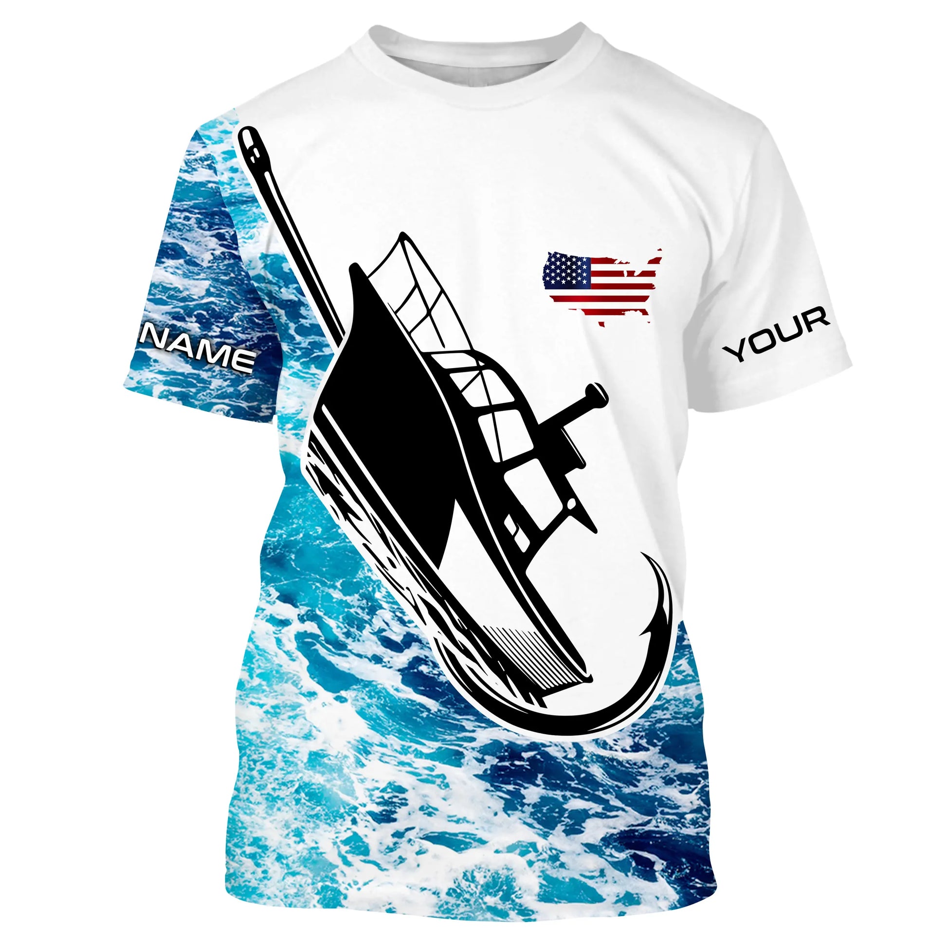 Custom Deep Sea Fishing With Boat Name, American Flag Saltwater Fishing