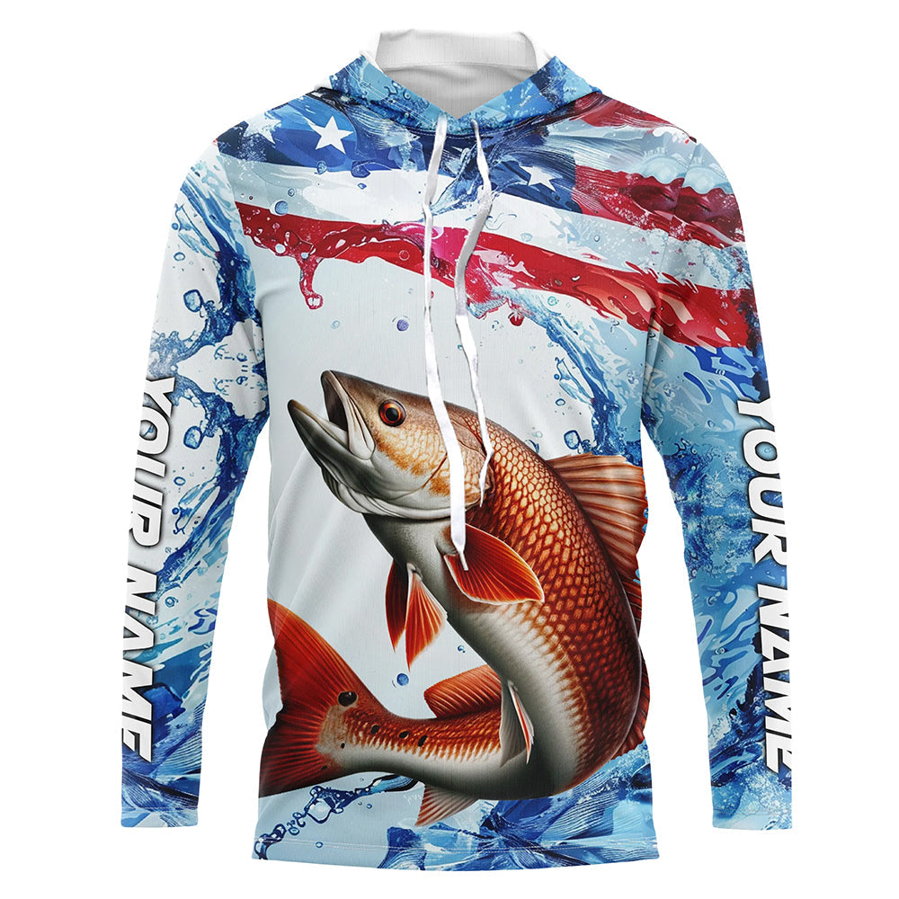 Redfish Fishing American Flag Long Sleeve Saltwater Fishing, Custom Redfish Fishing