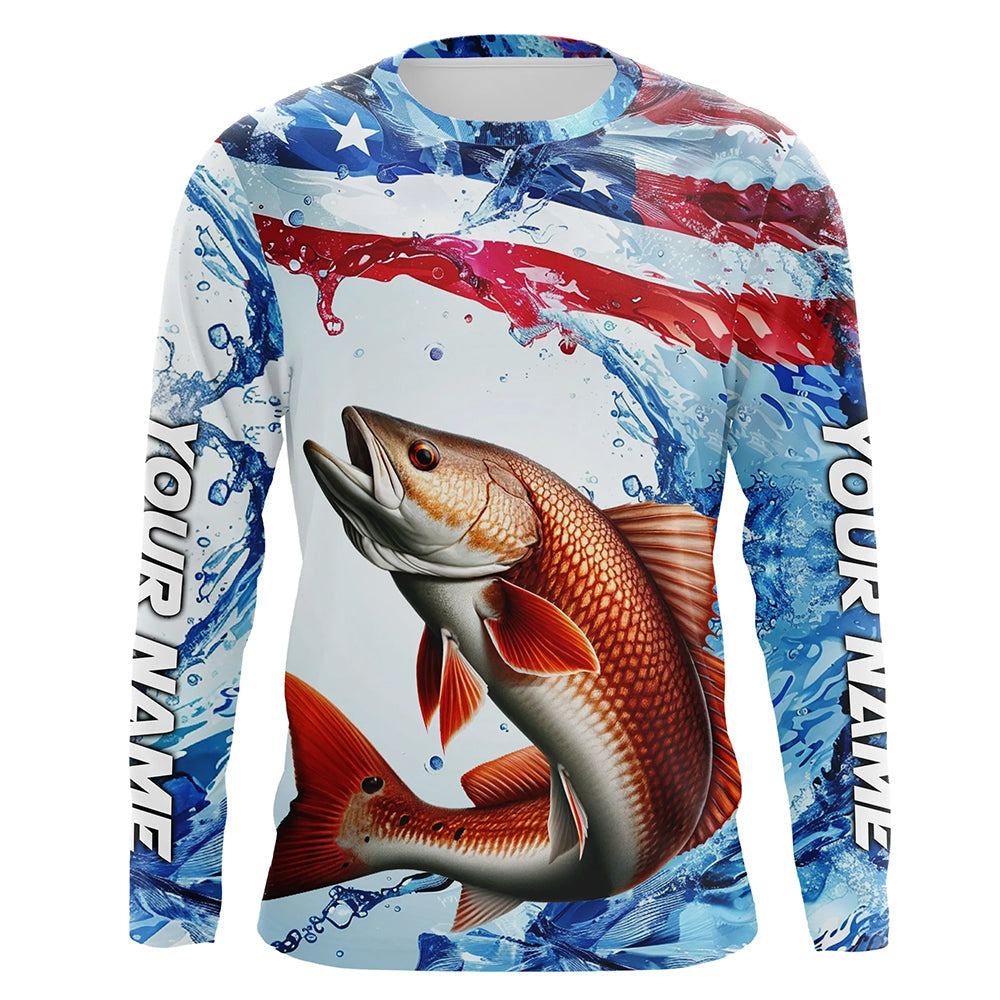Redfish Fishing American Flag Long Sleeve Saltwater Fishing, Custom Redfish Fishing