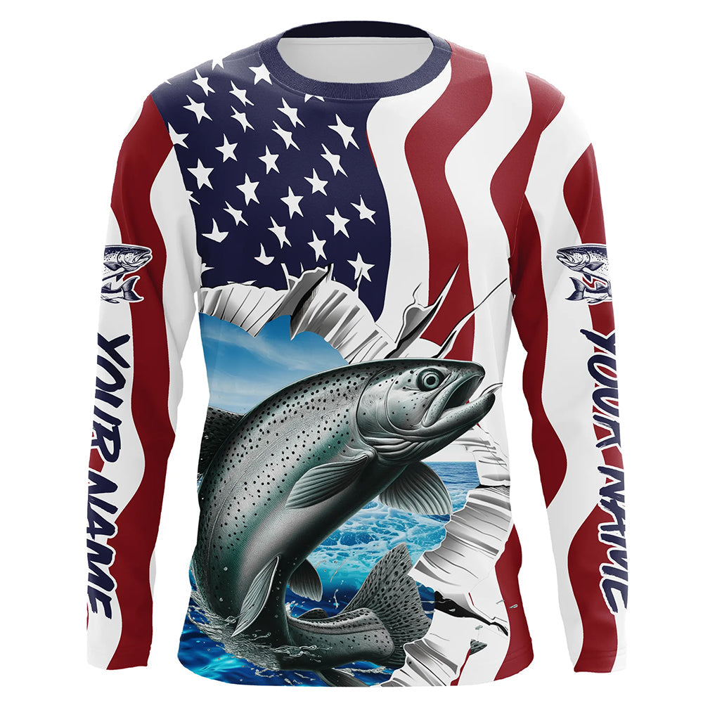 Custom American Flag Chinook Salmon Fishing Long Sleeve, Patriotic Salmon Fishing