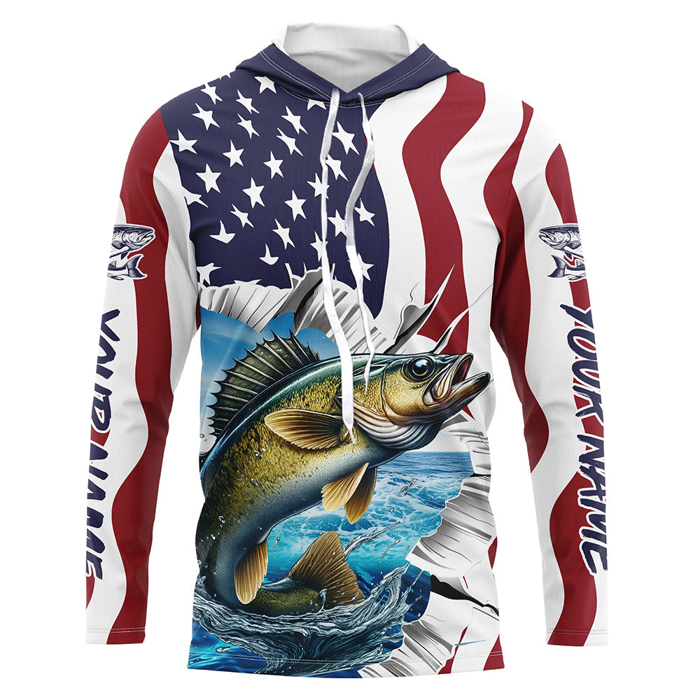 Custom American Flag Walleye Fishing Long Sleeve, Patriotic Walleye Fishing