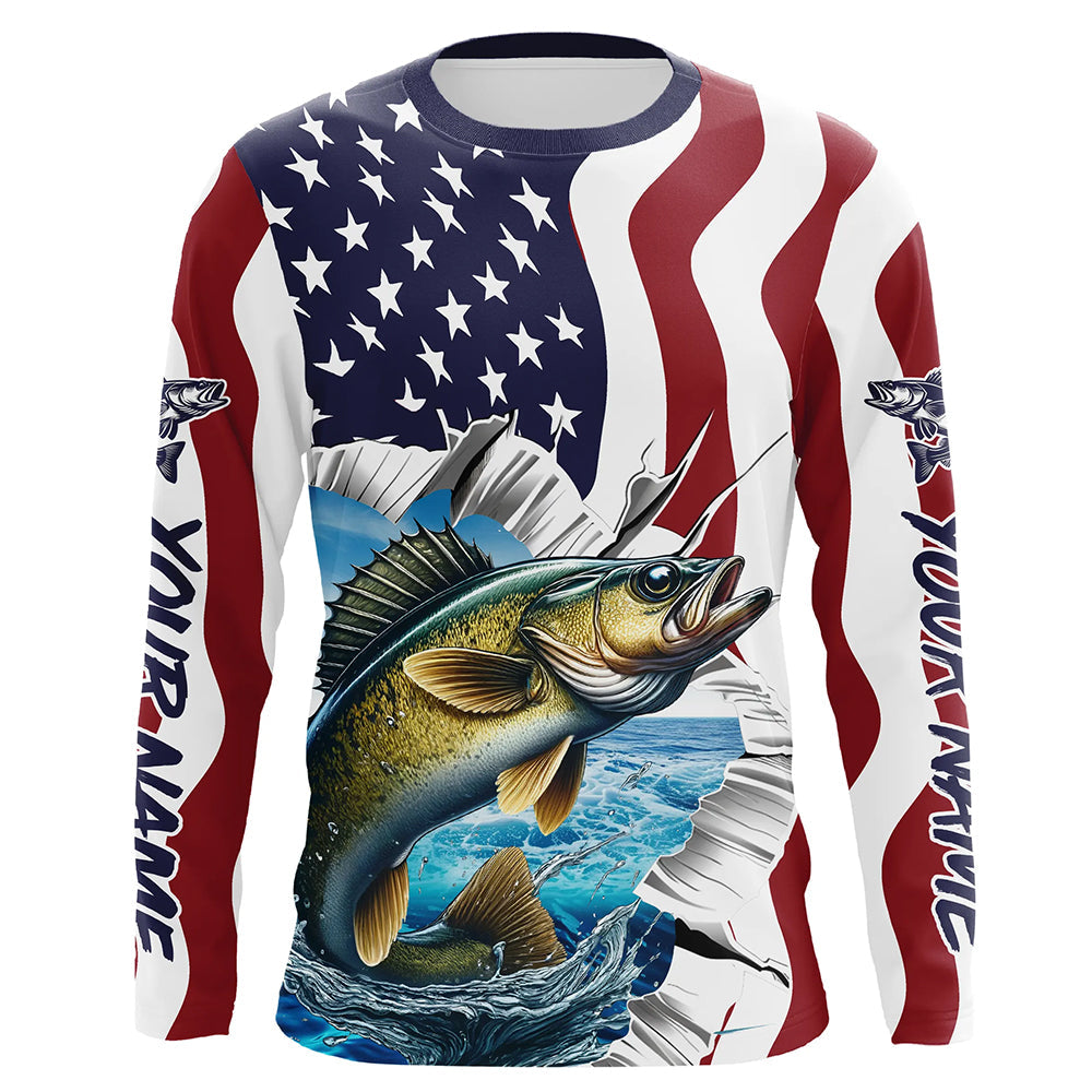 Custom American Flag Walleye Fishing Long Sleeve, Patriotic Walleye Fishing