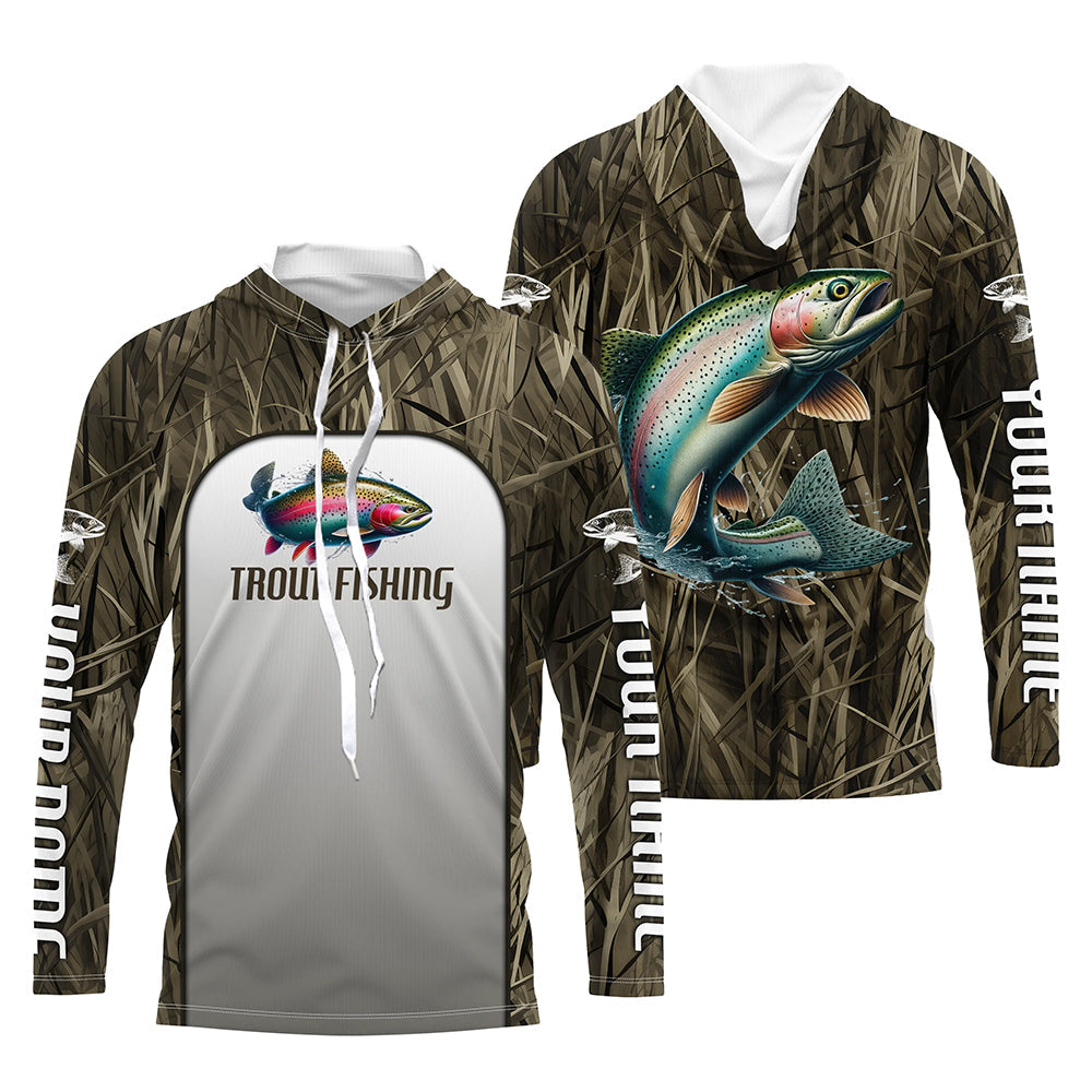 Rainbow Trout Fishing Grass Camo Custom Long Sleeve Fishing, Trout Tournament Fishing