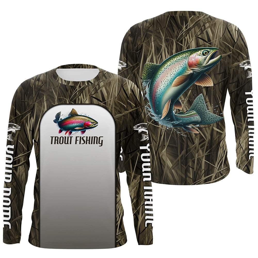 Rainbow Trout Fishing Grass Camo Custom Long Sleeve Fishing, Trout Tournament Fishing