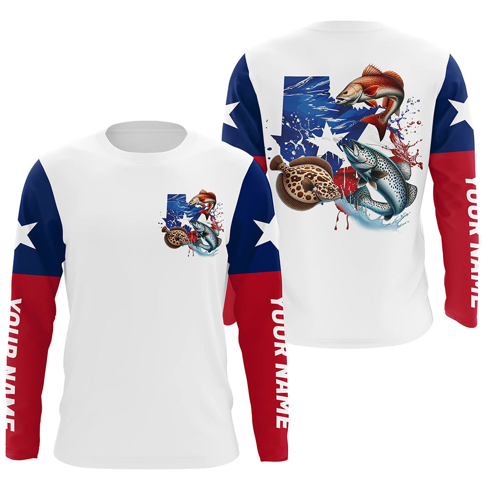 Personalized Texas Flag Fishing, Texas Slam Redfish Trout Flounder Long Sleeve Fishing