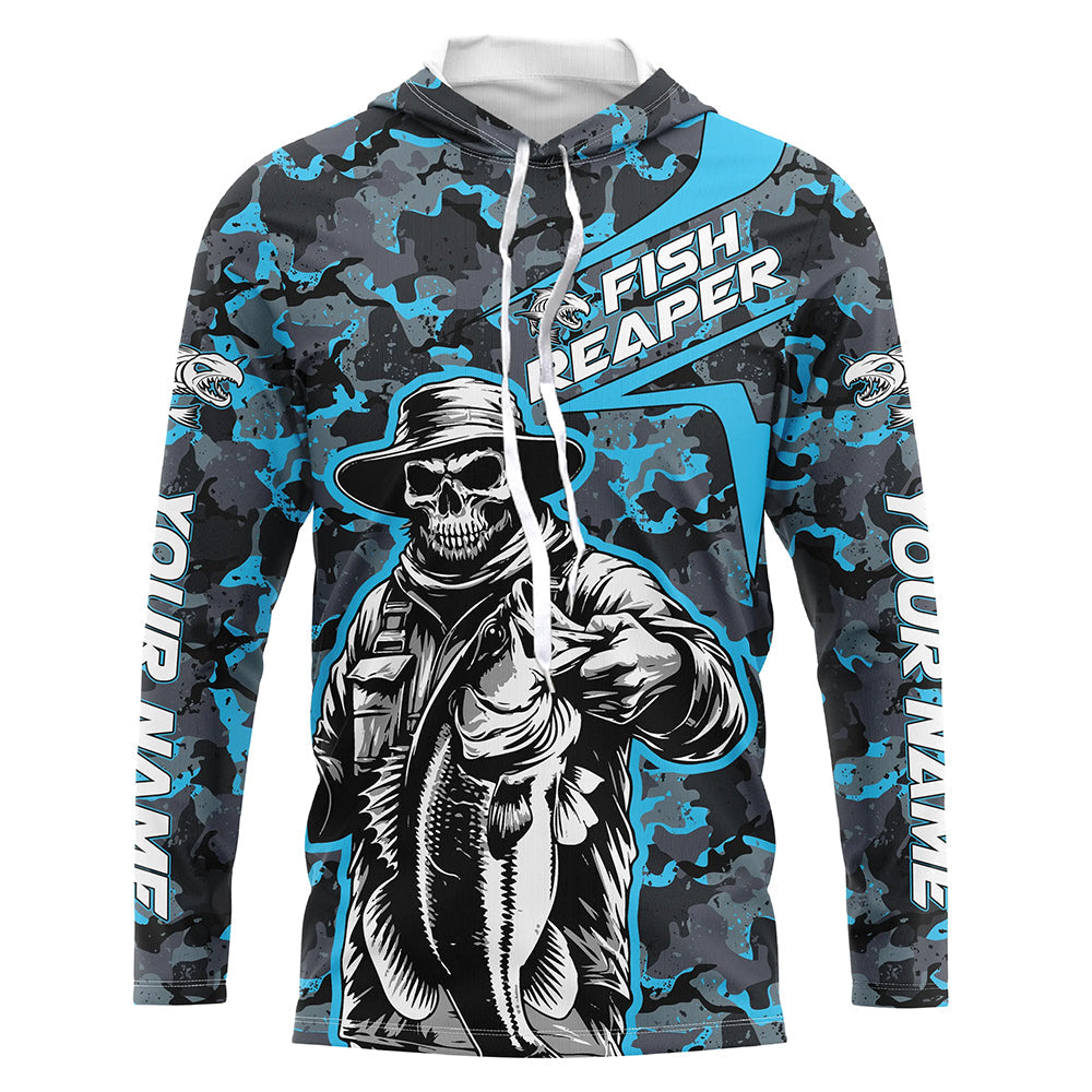 Custom Fish Reaper Skull Bass Long Sleeve Fishing, Bass Hunter Blue Camo Fishing