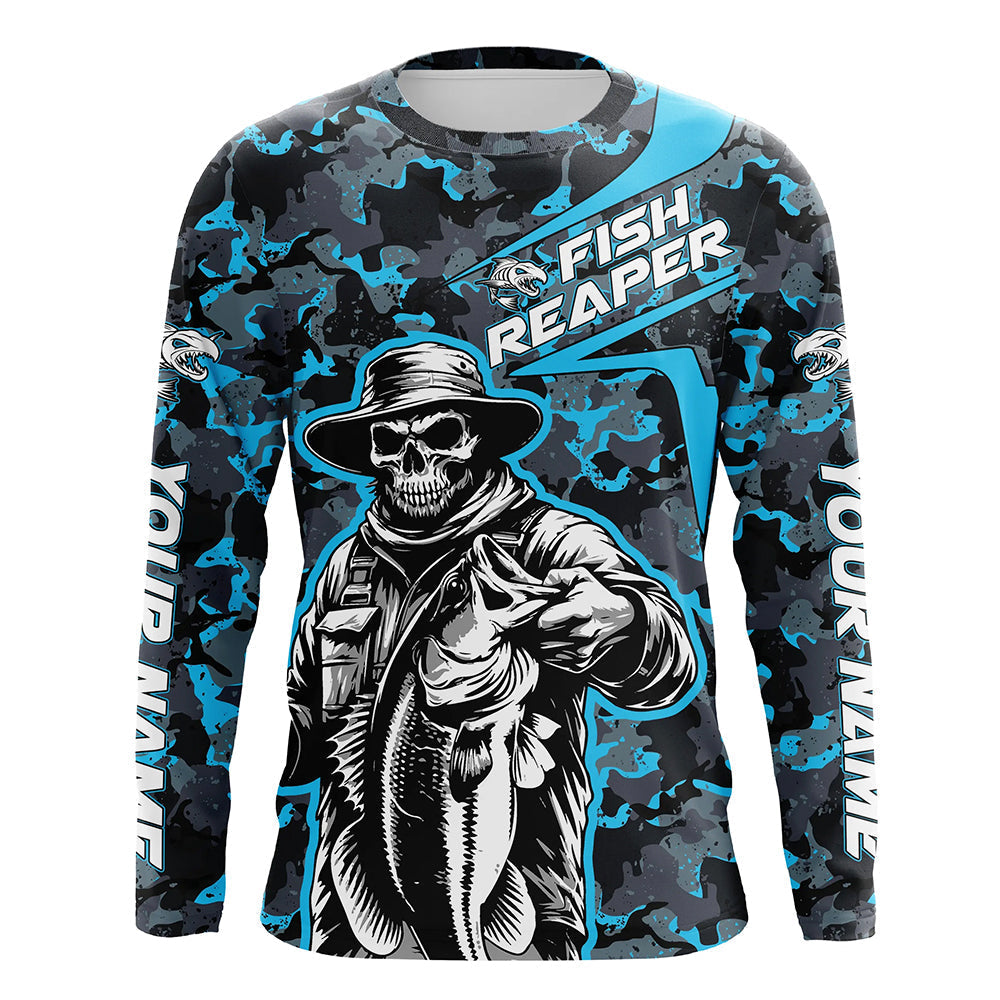 Custom Fish Reaper Skull Bass Long Sleeve Fishing, Bass Hunter Blue Camo Fishing