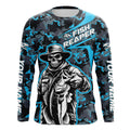 Custom Fish Reaper Skull Bass Long Sleeve Fishing, Bass Hunter Blue Camo Fishing