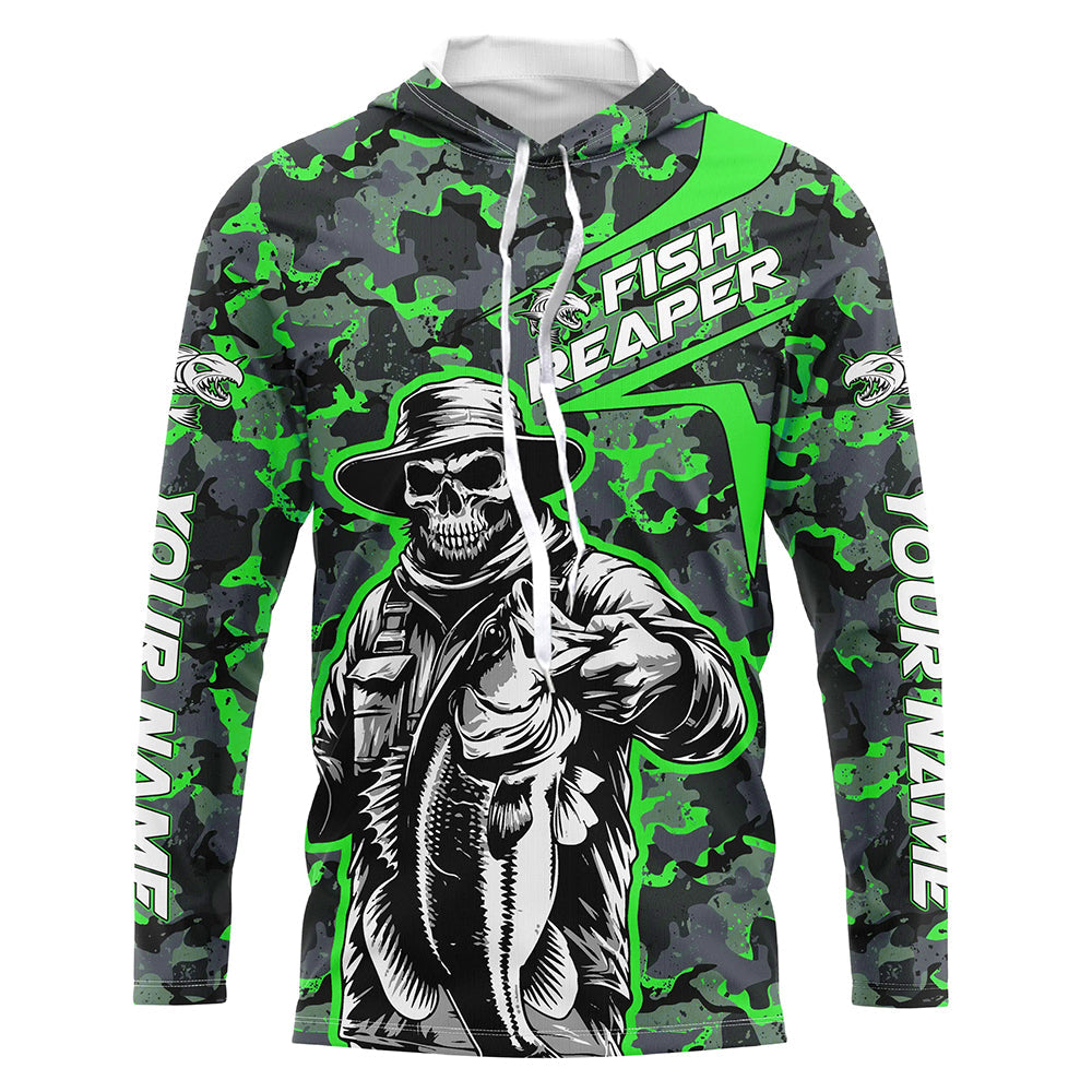 Custom Fish Reaper Skull Bass Long Sleeve Fishing, Bass Hunter Green Camo Fishing